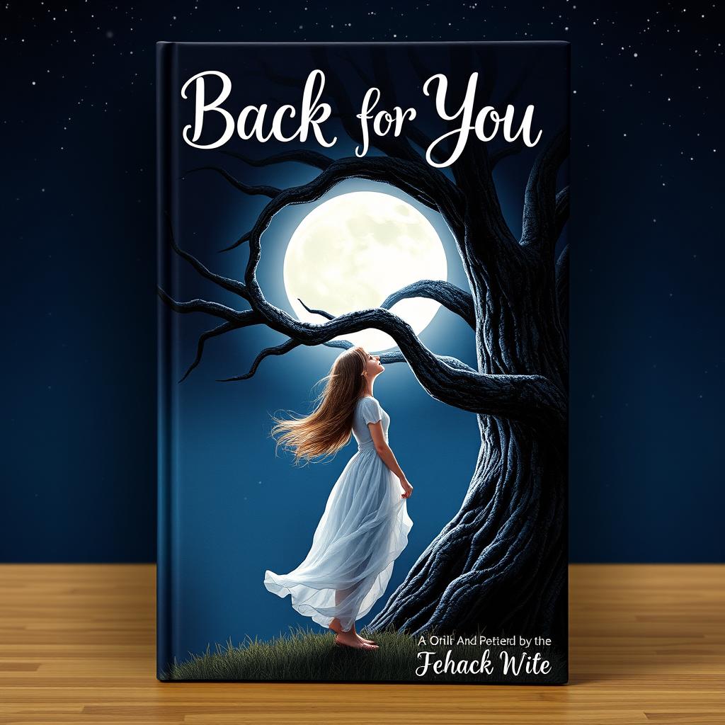 A stunning book cover for 'Back for You' featuring a girl standing gracefully next to a majestic, large tree, gazing up at a radiant full moon that bathes the scene in a soft, silver glow