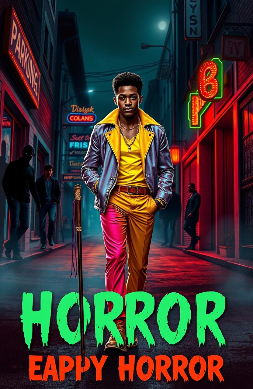 A campy horror book cover featuring a young Black man dressed in flashy, vibrant clothing, confidently striding through a dimly lit, eerie urban street at night