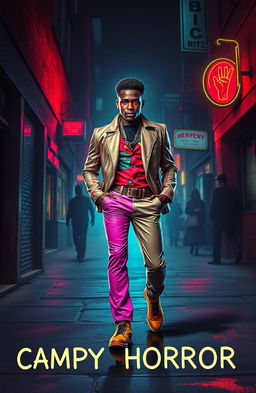 A campy horror book cover featuring a young Black man dressed in flashy, vibrant clothing, confidently striding through a dimly lit, eerie urban street at night
