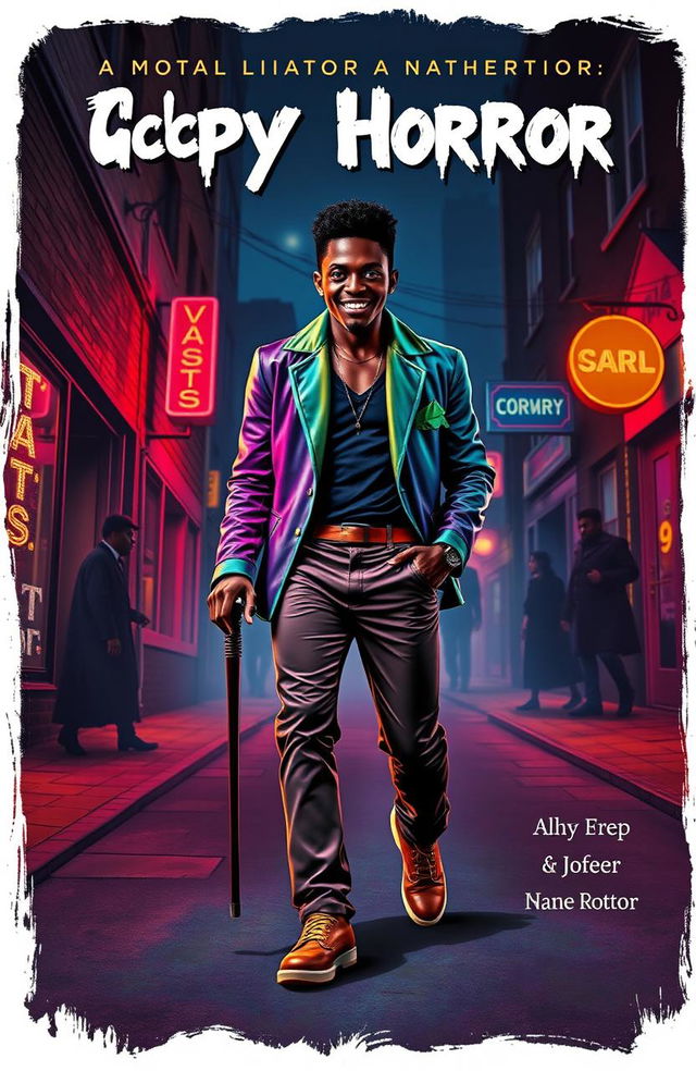 A campy horror book cover featuring a young Black man dressed in flashy, vibrant clothing, confidently striding through a dimly lit, eerie urban street at night