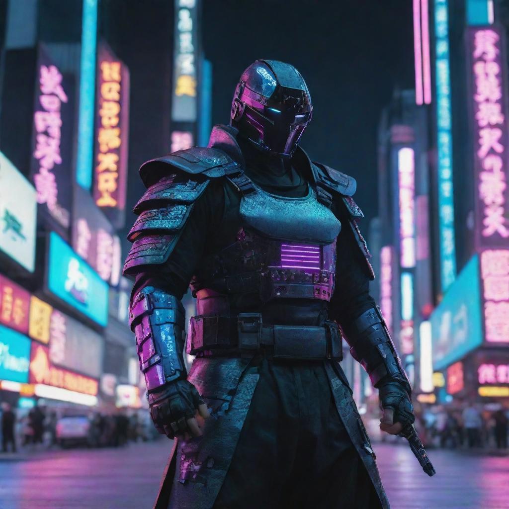 Create a high-definition image of a cyberpunk samurai, vibrant neon lights reflected off his futuristic armor