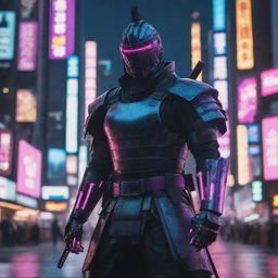 Create a high-definition image of a cyberpunk samurai, vibrant neon lights reflected off his futuristic armor