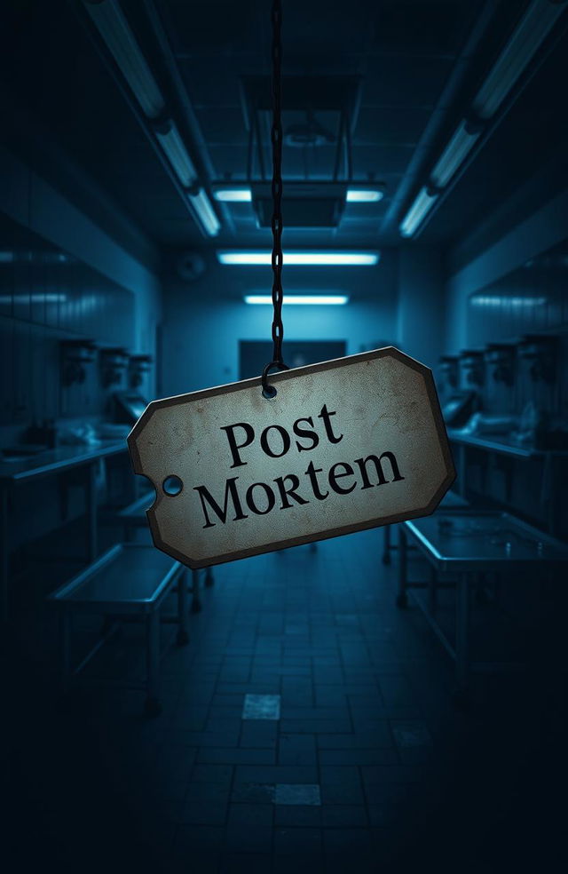 A striking book cover for a transgressive fiction novel titled "Post Mortem" featuring a dramatic, moody morgue scene