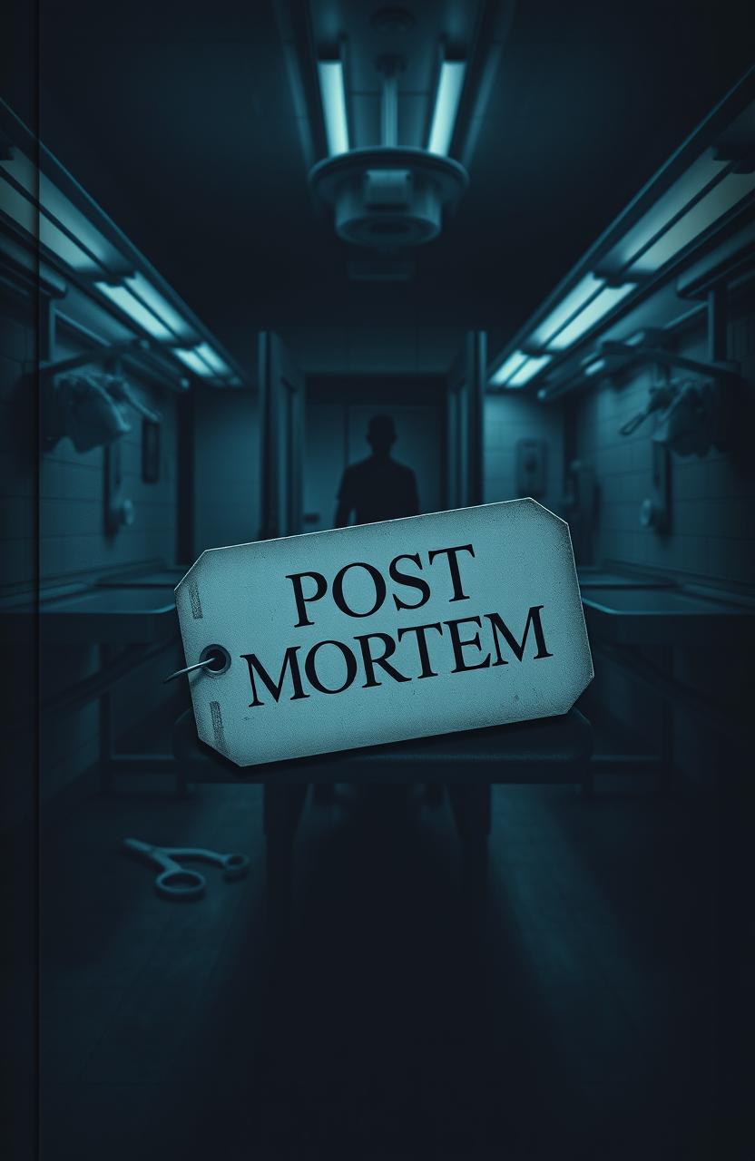 A striking book cover for a transgressive fiction novel titled "Post Mortem" featuring a dramatic, moody morgue scene