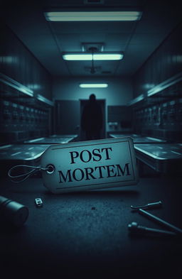 A striking book cover for a transgressive fiction novel titled "Post Mortem" featuring a dramatic, moody morgue scene