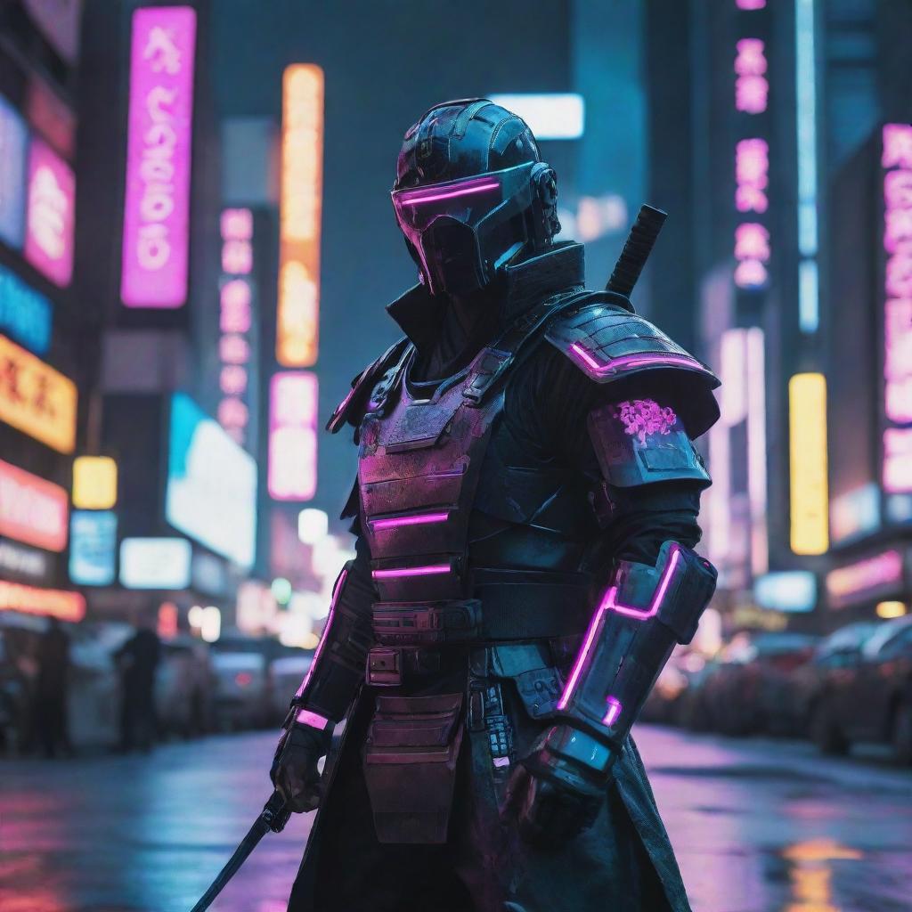 Create a high-definition image of a cyberpunk samurai, vibrant neon lights reflected off his futuristic armor