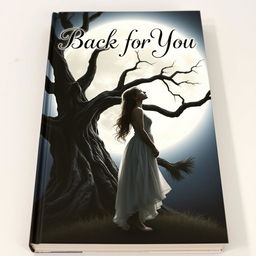 A captivating book cover for 'Back for You' showcasing a girl standing beside an enormous, majestic tree, her silhouette highlighted against the backdrop of a glowing full moon