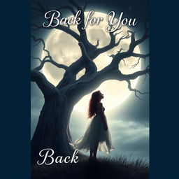 A captivating book cover for 'Back for You' showcasing a girl standing beside an enormous, majestic tree, her silhouette highlighted against the backdrop of a glowing full moon