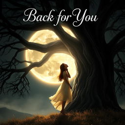 A captivating book cover for 'Back for You' showcasing a girl standing beside an enormous, majestic tree, her silhouette highlighted against the backdrop of a glowing full moon