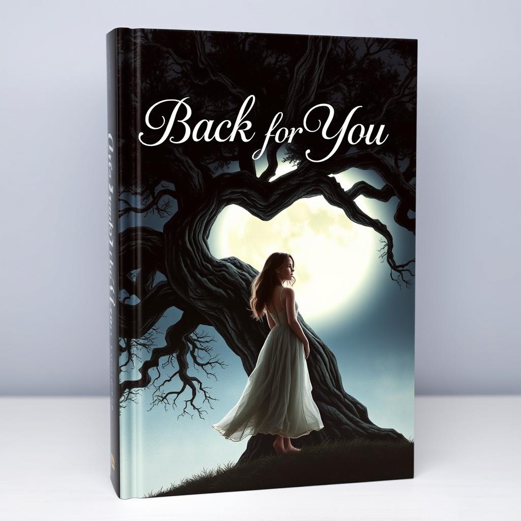 A captivating book cover for 'Back for You' showcasing a girl standing beside an enormous, majestic tree, her silhouette highlighted against the backdrop of a glowing full moon