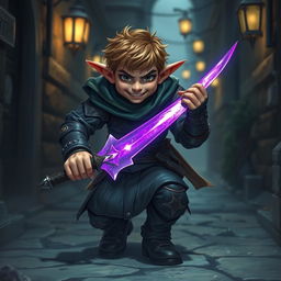 A male halfling rogue, cunning and agile, showcasing a mischievous grin