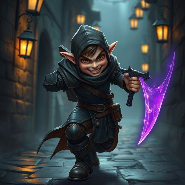 A male halfling rogue, cunning and agile, showcasing a mischievous grin