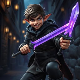 A male halfling rogue, cunning and agile, showcasing a mischievous grin