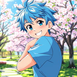 An anime boy with vibrant blue hair, looking playfully at the viewer, confidently showing his armpit