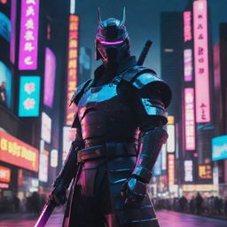 Create a high-definition image of a cyberpunk samurai, vibrant neon lights reflected off his futuristic armor