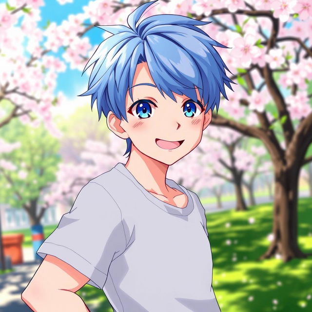 An anime boy with vibrant blue hair, looking playfully at the viewer, confidently showing his armpit