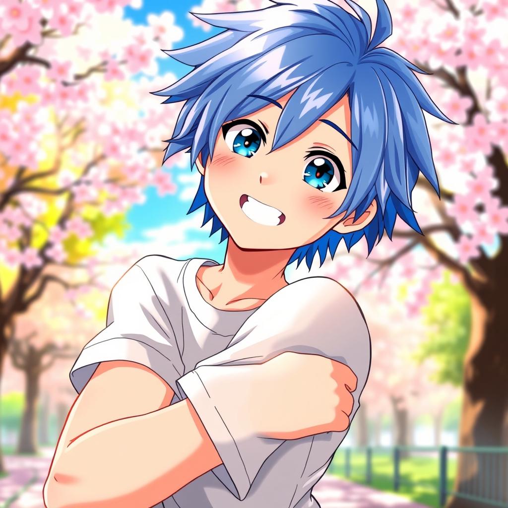 An anime boy with vibrant blue hair, looking playfully at the viewer, confidently showing his armpit