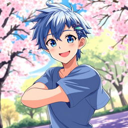An anime boy with vibrant blue hair, looking playfully at the viewer, confidently showing his armpit