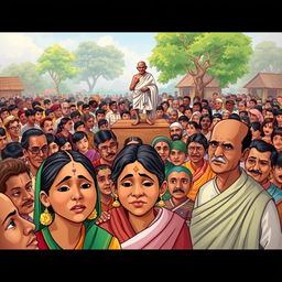 An illustration of a large village gathering in rural India, showcasing a diverse crowd of hopeful villagers united in purpose