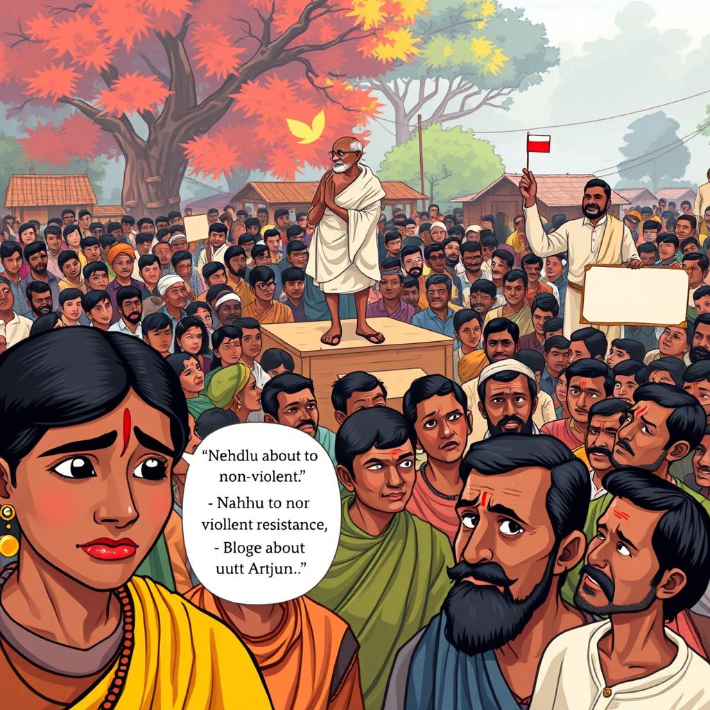 An illustration of a large village gathering in rural India, showcasing a diverse crowd of hopeful villagers united in purpose