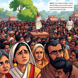 An illustration of a large village gathering in rural India, showcasing a diverse crowd of hopeful villagers united in purpose