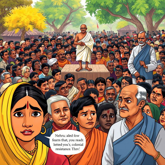 An illustration of a large village gathering in rural India, showcasing a diverse crowd of hopeful villagers united in purpose