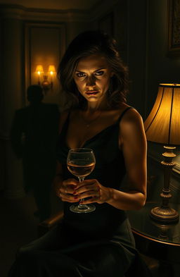A dramatic and emotional scene depicting a woman in an elegant, dimly lit room, with a look of anguish and secrets in her eyes, clutching a glass of wine