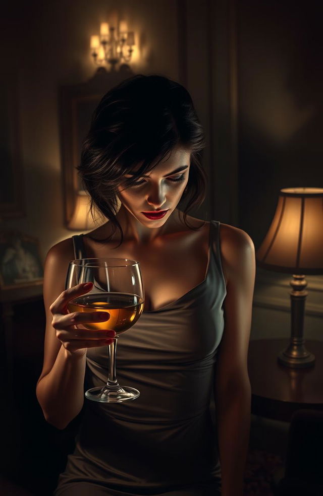 A dramatic and emotional scene depicting a woman in an elegant, dimly lit room, with a look of anguish and secrets in her eyes, clutching a glass of wine