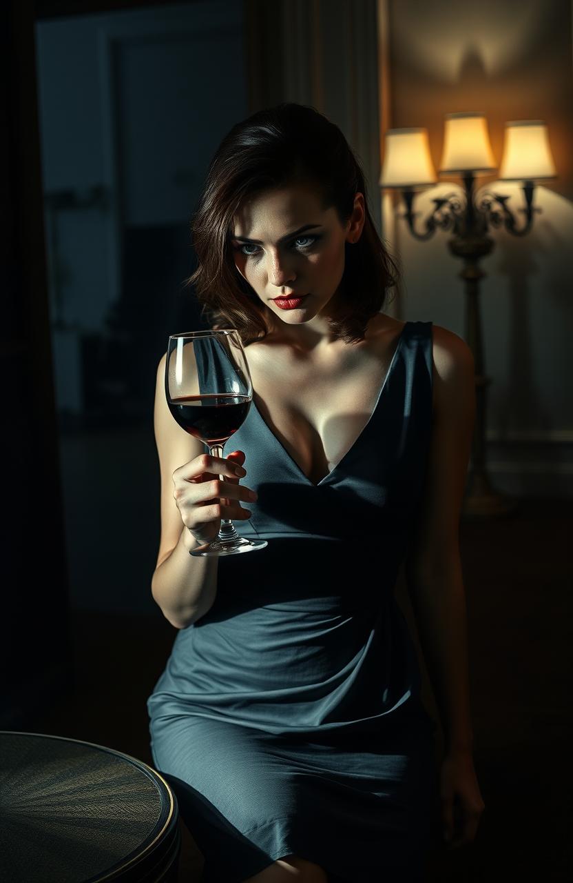 A dramatic and emotional scene depicting a woman in an elegant, dimly lit room, with a look of anguish and secrets in her eyes, clutching a glass of wine