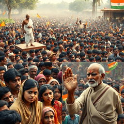 A large village gathering filled with hopeful villagers in rural India