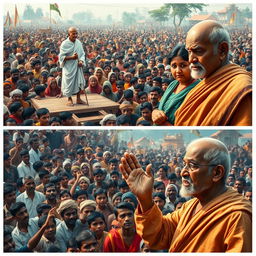 A large village gathering filled with hopeful villagers in rural India