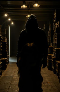 A dramatic, intense scene depicting a mysterious figure shrouded in shadows, with an aura of danger and intrigue