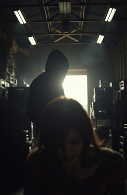 A dramatic, intense scene depicting a mysterious figure shrouded in shadows, with an aura of danger and intrigue