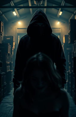 A dramatic, intense scene depicting a mysterious figure shrouded in shadows, with an aura of danger and intrigue