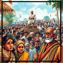 In a vibrant village gathering, Mahatma Gandhi stands on a wooden platform, embodying calm authority amidst a diverse crowd of hopeful villagers representing rural India