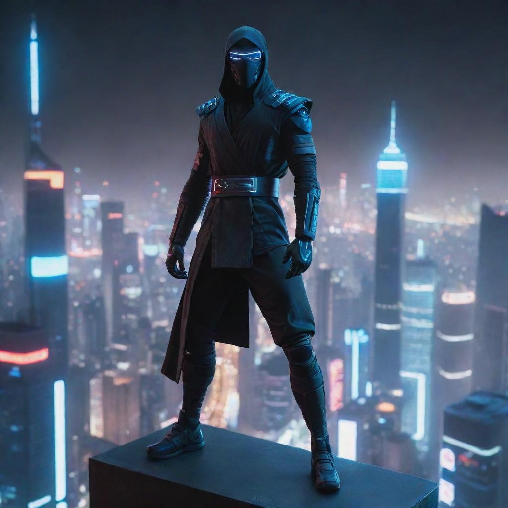 Generate a high-quality image encapsulating a cyberpunk ninja