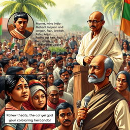 In a vibrant village gathering, Mahatma Gandhi stands on a wooden platform, embodying calm authority amidst a diverse crowd of hopeful villagers representing rural India