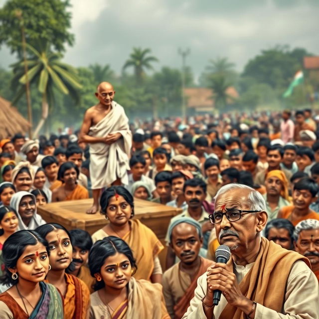 In a vibrant village gathering, Mahatma Gandhi stands on a wooden platform, embodying calm authority amidst a diverse crowd of hopeful villagers representing rural India