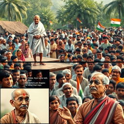 In a vibrant village gathering, Mahatma Gandhi stands on a wooden platform, embodying calm authority amidst a diverse crowd of hopeful villagers representing rural India
