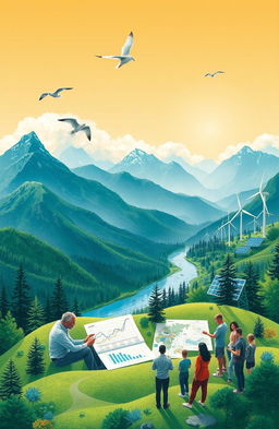 A captivating visual representation of Environmental and Natural Resources Economics, showcasing a beautiful landscape that includes mountains, rivers, and forests