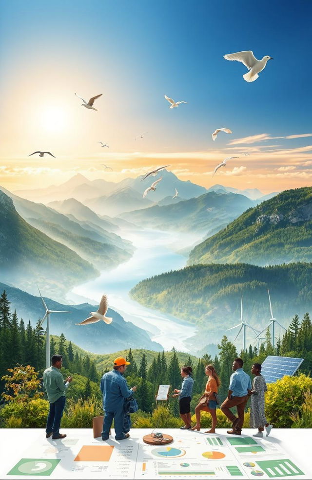 A captivating visual representation of Environmental and Natural Resources Economics, showcasing a beautiful landscape that includes mountains, rivers, and forests