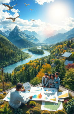 A captivating visual representation of Environmental and Natural Resources Economics, showcasing a beautiful landscape that includes mountains, rivers, and forests