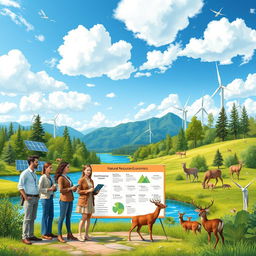 An engaging illustration depicting Natural Resources Economics, featuring a lush, green landscape with a crystal-clear lake
