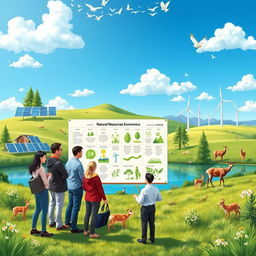 An engaging illustration depicting Natural Resources Economics, featuring a lush, green landscape with a crystal-clear lake