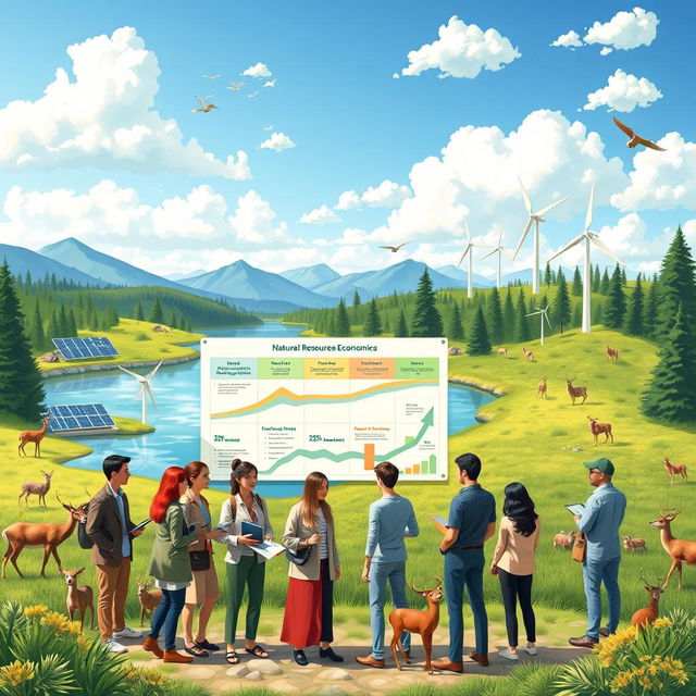 An engaging illustration depicting Natural Resources Economics, featuring a lush, green landscape with a crystal-clear lake