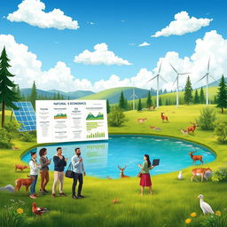 An engaging illustration depicting Natural Resources Economics, featuring a lush, green landscape with a crystal-clear lake