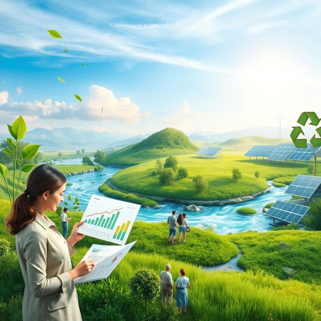 An insightful visual representation of Environmental Economics, featuring an expansive landscape that combines elements of nature and modern economic activity