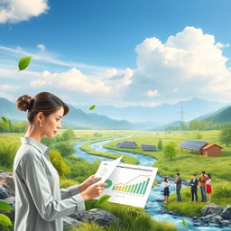 An insightful visual representation of Environmental Economics, featuring an expansive landscape that combines elements of nature and modern economic activity