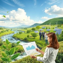 An insightful visual representation of Environmental Economics, featuring an expansive landscape that combines elements of nature and modern economic activity