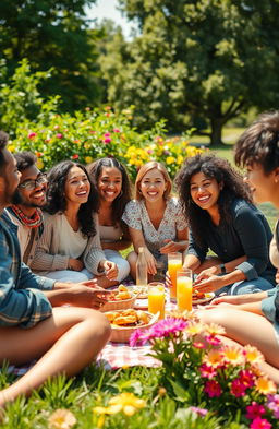 Group of diverse friends enjoying a fun day outdoors, laughter and joy evident on their faces